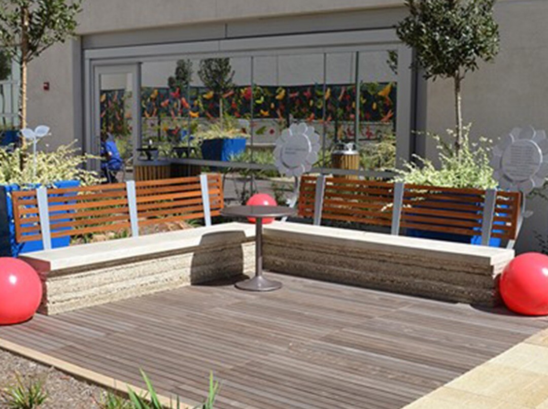 A rooftop deck system with planters at the Children's Hospital of Orange County