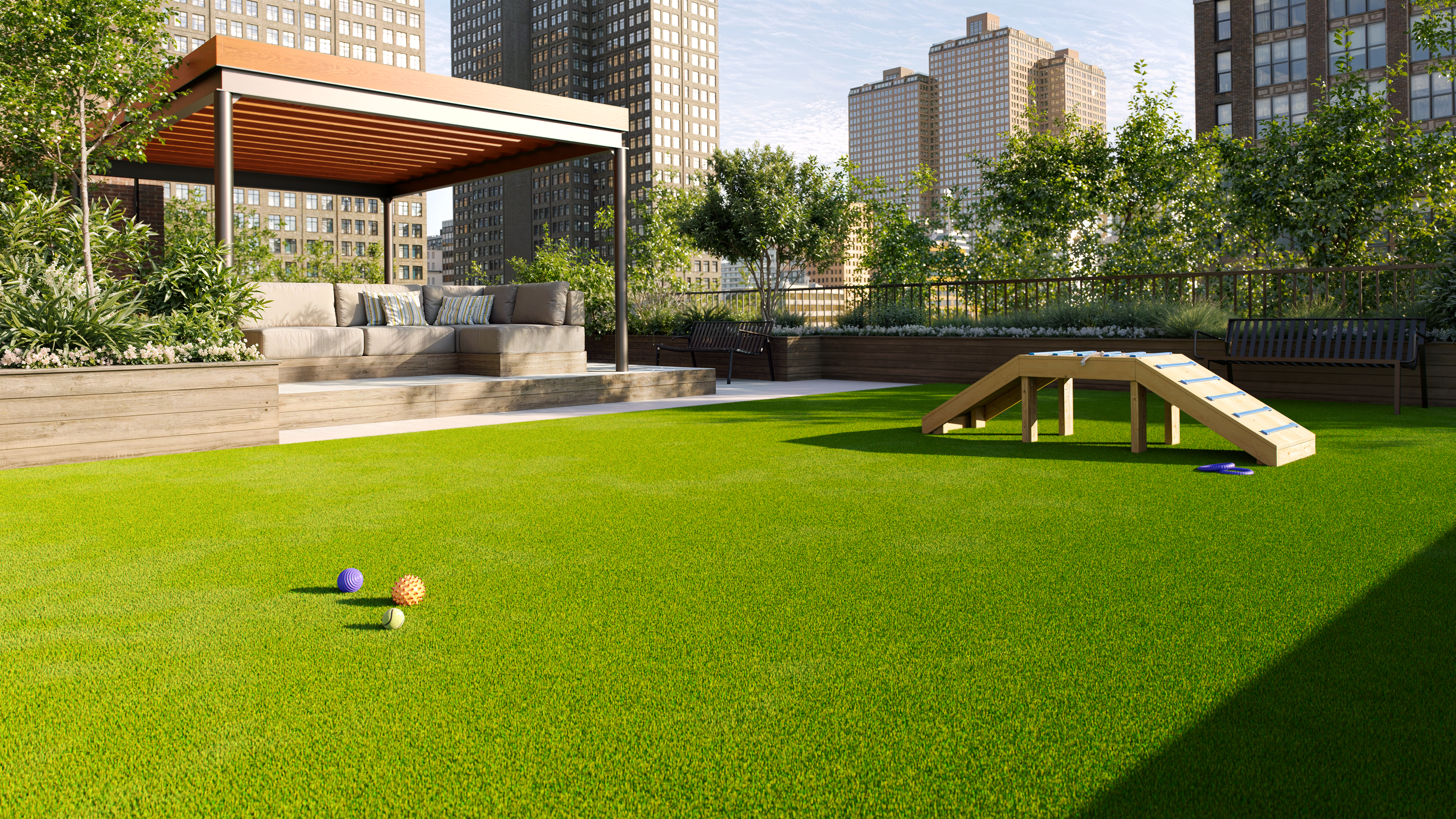 Artificial turf system on a rooftop park