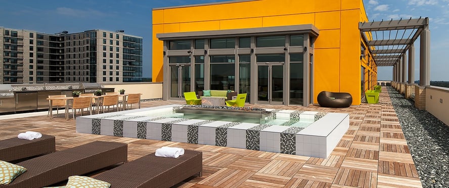 Rooftop amenity deck on a multi-family housing building
